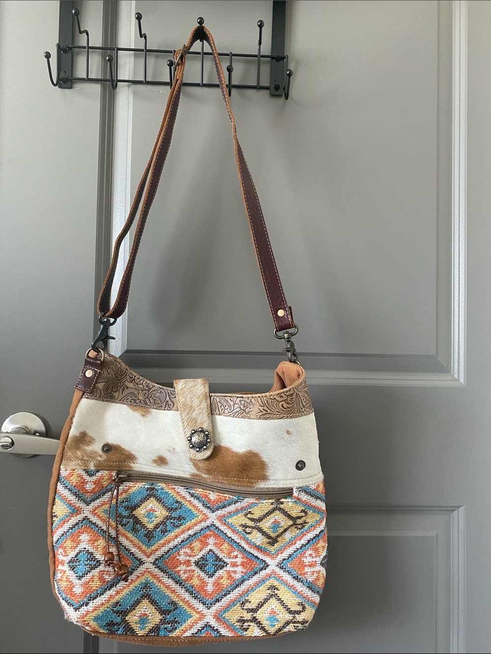 Myra Bag Multicolor Aztec Tapestry & Brown Cowhide Shoulder Bag with Tooled Trim